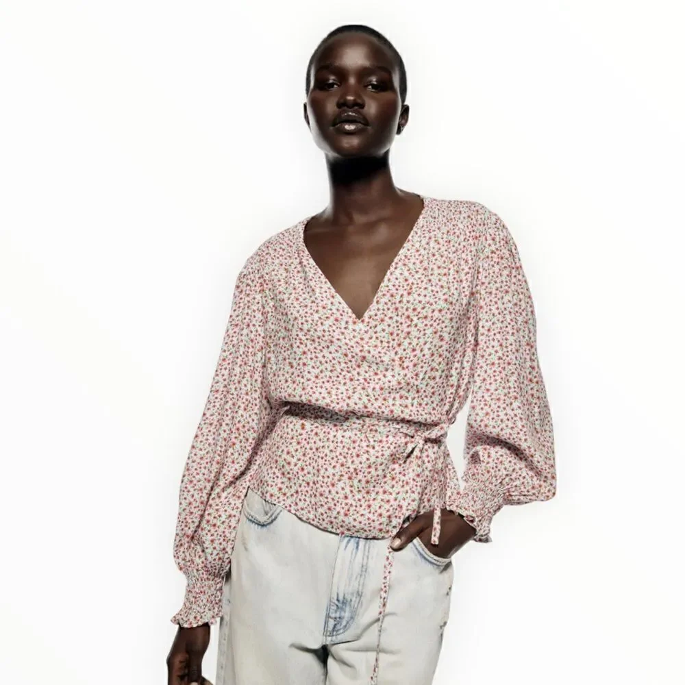 Zara Floral Print Wrap Blouse NWT Sizes S L V Neck Tie Waist Top